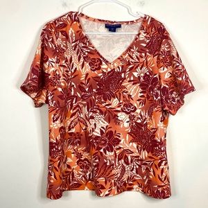 4/25$ KAREN SCOTT Orange Red Floral Printed Short Sleeve V Neck Tee Shirt